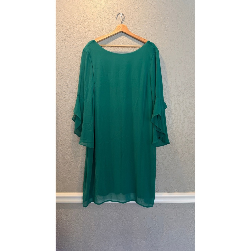 Thalia Sodi Emerald Green Tiered Bell Sleeve Shift Dress XL Scoop Neck Chiffon